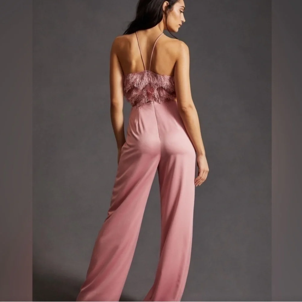 Anthropologie Hutch pink open side feathered jumpsuit, NWT 8 romper wide leg